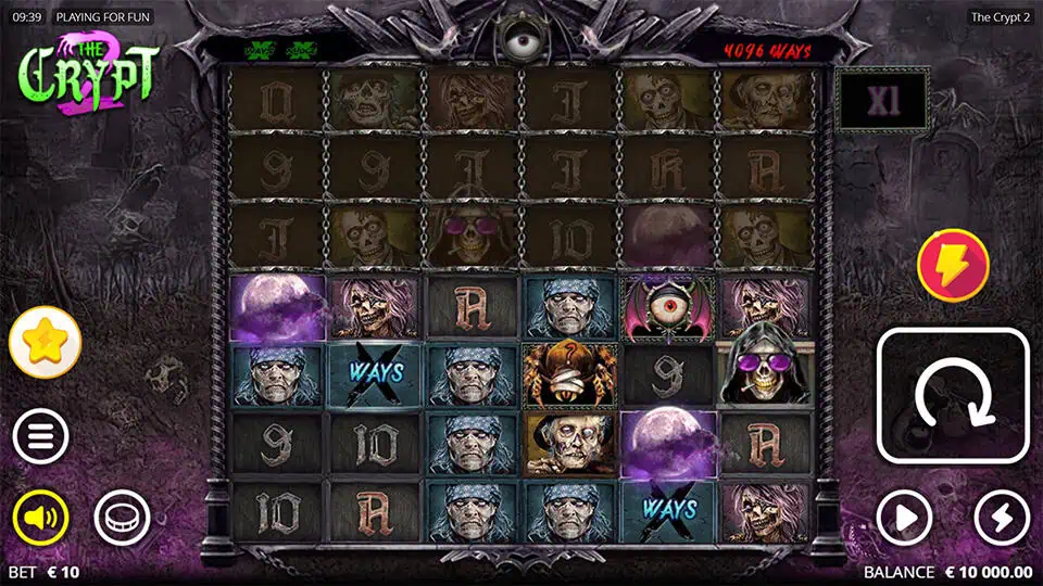 Main reels with gothic symbols, skull characters, chained rows and expanding ways displayed in a dark crypt setting.