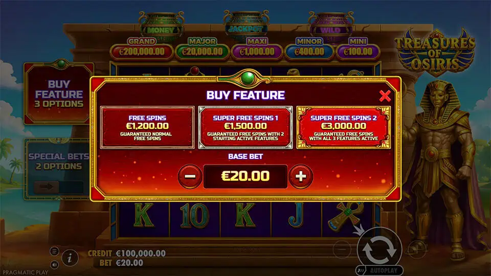 Buy menu offering three types of Free Spins with different active features, displayed over the reels with a clear pyramid-themed interface.