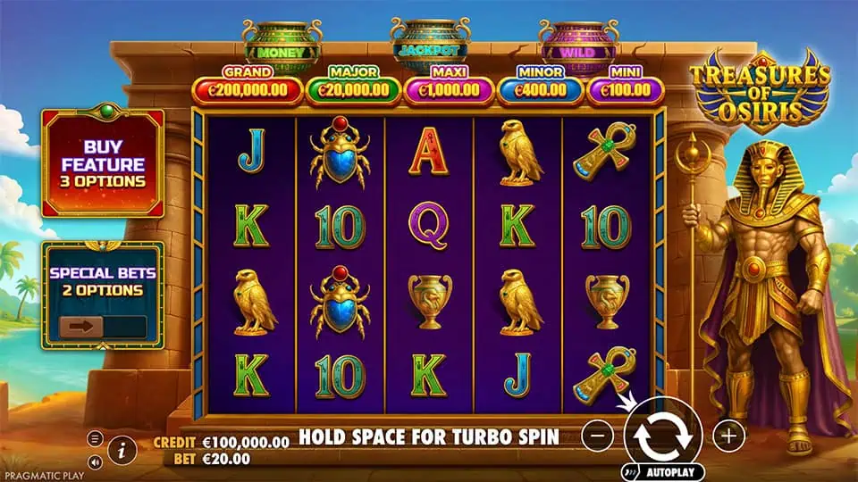 Main game screen with 5 reels filled with Egyptian-themed symbols like scarabs, ankhs, falcons, and gold urns, guarded by a golden statue of Osiris.