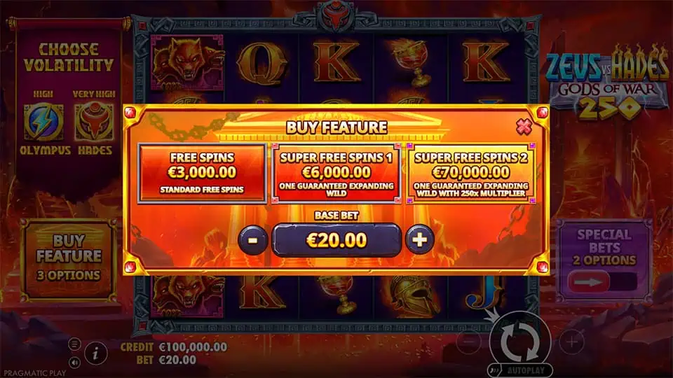 Buy feature menu in Zeus vs Hades slot with three options: standard free spins and two Super Free Spins with guaranteed wilds.