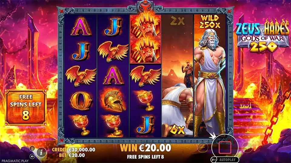 Zeus vs Hades slot showing Zeus with a 250x expanding wild and stacked character reels during free spins mode.