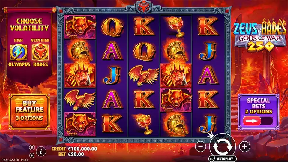 Base game screen of Zeus vs Hades slot showing mythological symbols, fire and lightning themes, and dual volatility choice.