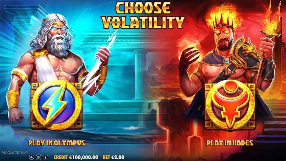 Volatility selection screen in Zeus vs Hades slot, letting players choose between Olympus (high) and Hades (very high) modes.