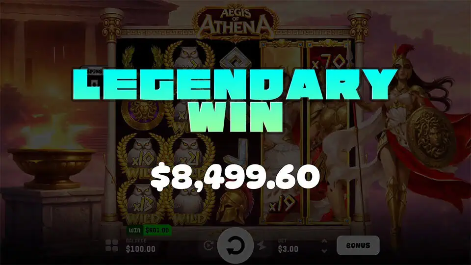 "LEGENDARY WIN" glows across the screen with reels stacked in Wilds and Athena multipliers during a high-impact moment.