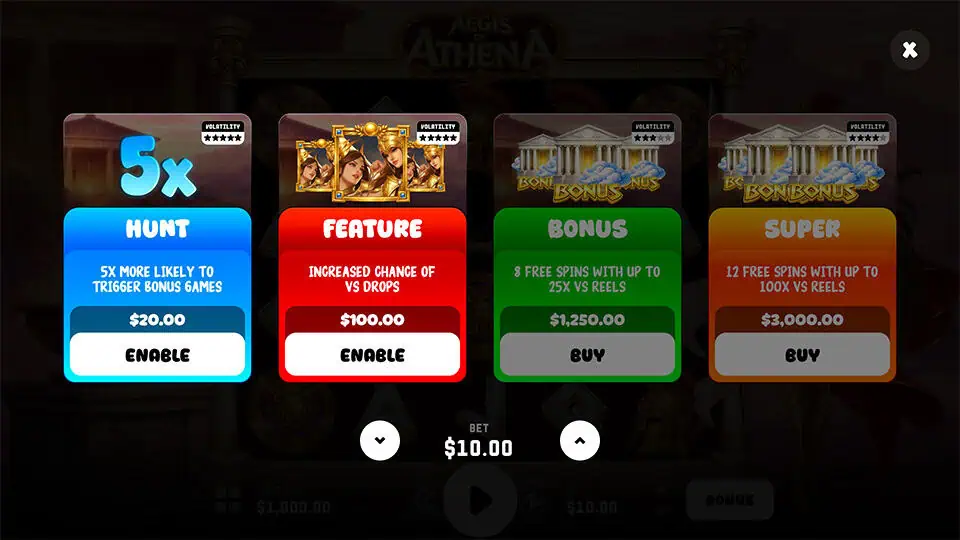 Buy feature menu offering Hunt, Feature, Bonus, and Super modes with varying volatility and bonus enhancements.