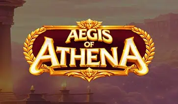 Golden Aegis of Athena logo with winged emblem and laurel framing, set against a divine sunset above temple ruins.