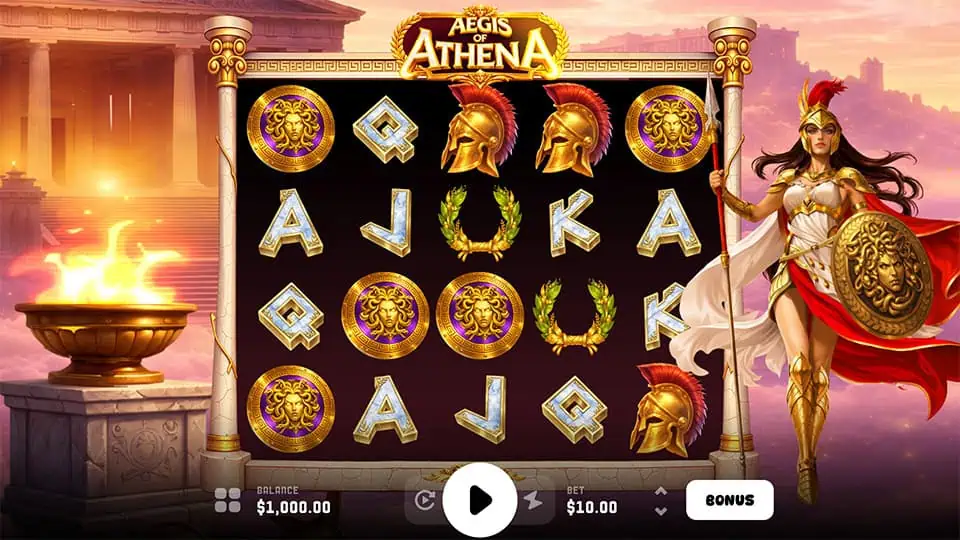 Classic 5-reel layout featuring golden shields, Spartan helmets, card symbols, and Athena beside the reels in full armor.