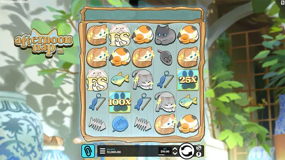 Gameplay screen of Afternoon Nap slot featuring sleepy cats, fish, and toy symbols on a soft blue grid layout.