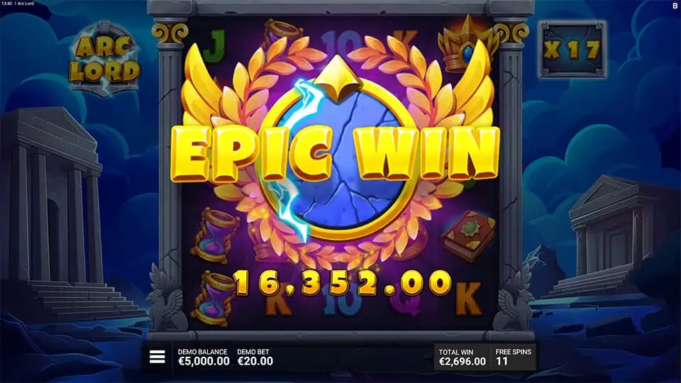 Big “EPIC WIN” text glowing with lightning inside a golden laurel crest, bursting from the reels.