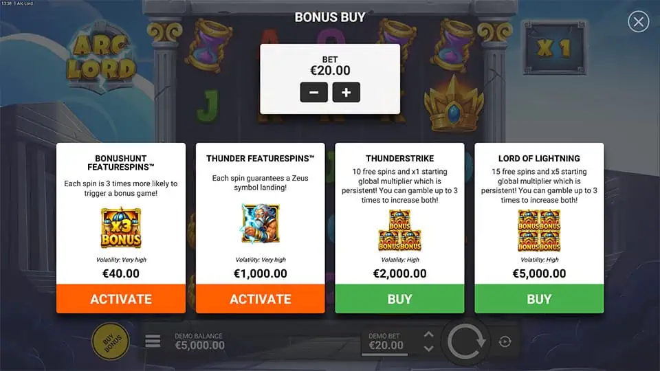 Buy menu offering several feature spins and bonus levels, including guaranteed Zeus symbols and progressive multipliers.