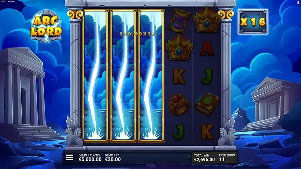 Gameplay showing Zeus lightning bolts striking 3 reels, transforming them into wild reels with active multiplier.