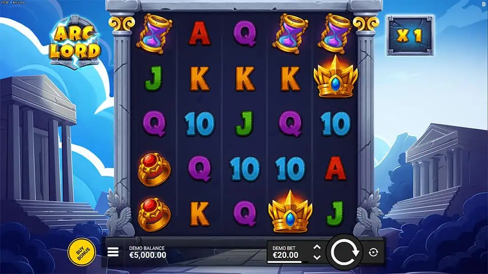 Main game screen with Greek-themed symbols like crowns, hourglasses, and rings on dark reels between marble columns.