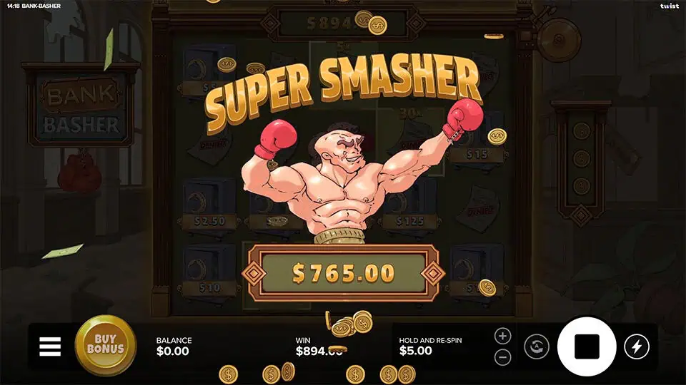 Super Smasher win screen in Bank Basher slot featuring a muscular boxer holding up his fists in victory with coins flying around.