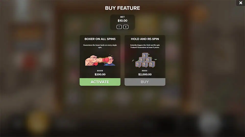 Bonus buy menu in Bank Basher slot offering “Boxer on All Spins” and “Hold and Re-Spin” options for enhanced gameplay.