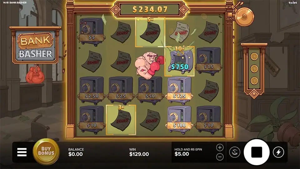 Eddie GlassJaw boxer punching safes on the reels in the Hold and Respin feature, breaking vaults to reveal multipliers and prizes.