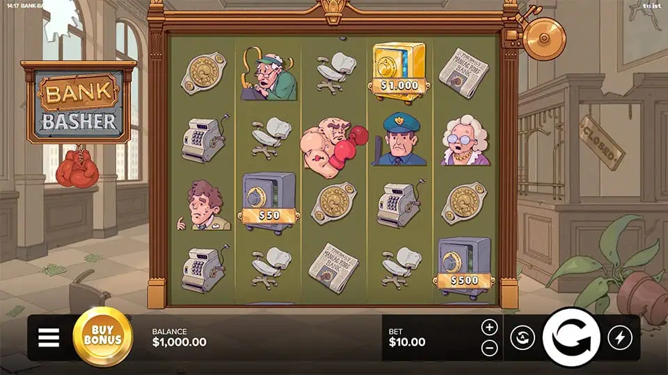 Base gameplay screen of Bank Basher slot showing cartoon-styled characters like police officers and old bankers, with vaults and cash registers on the reels.