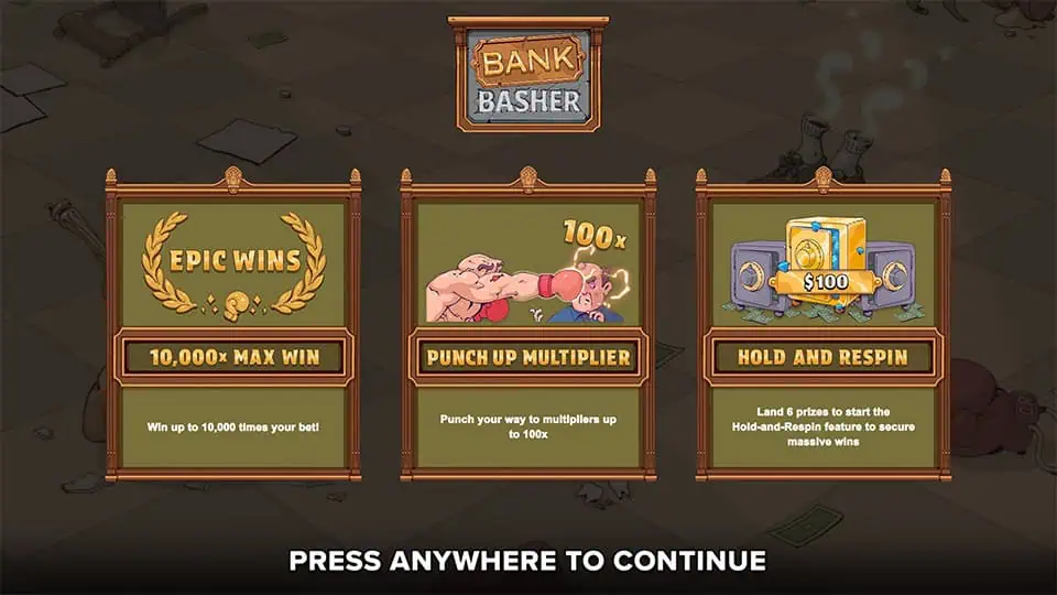 Intro panel for Bank Basher slot highlighting 10,000x max win, Punch Up multipliers up to 100x, and Hold and Respin feature for big prize clusters.