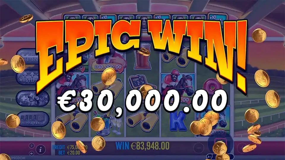 “EPIC WIN!” text bursts on screen with flying coins and visible paylines.