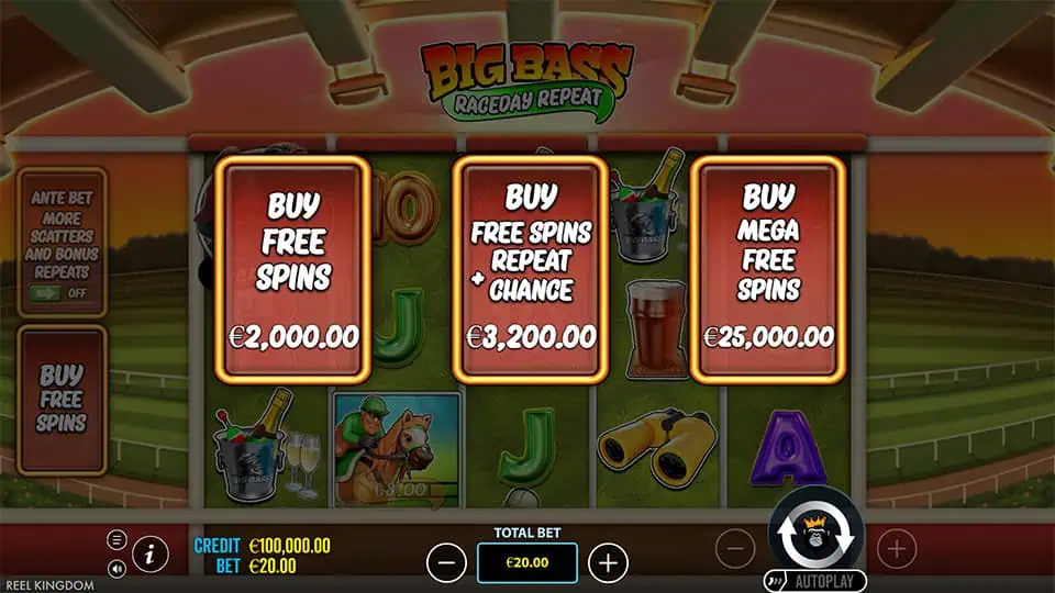 Three buy buttons offering Free Spins, Free Spins + Repeat Chance, and Mega Free Spins.