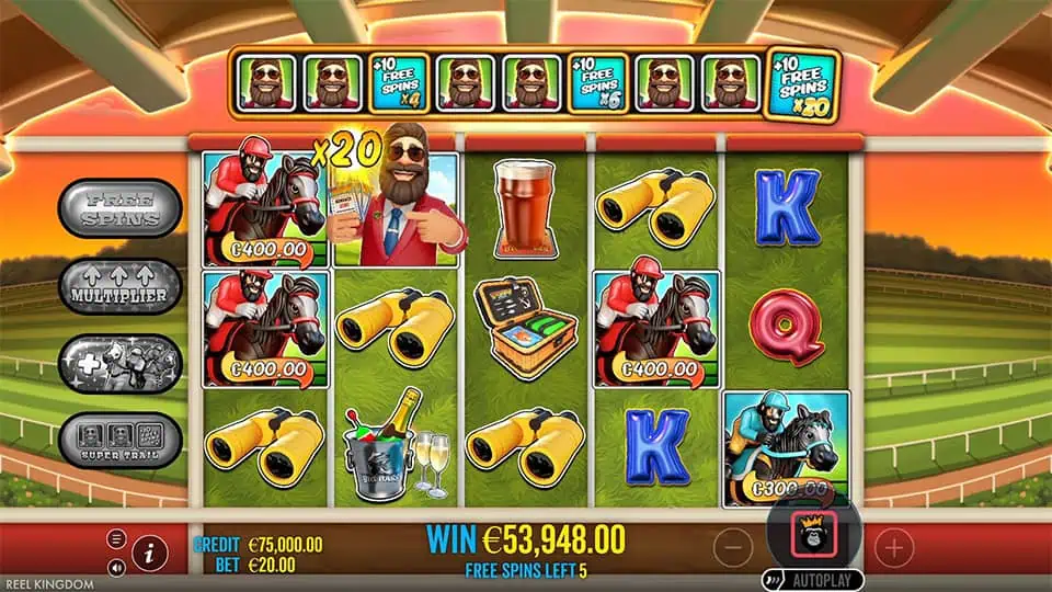 Bonus round with character collecting jockey symbols and a visible x20 multiplier.