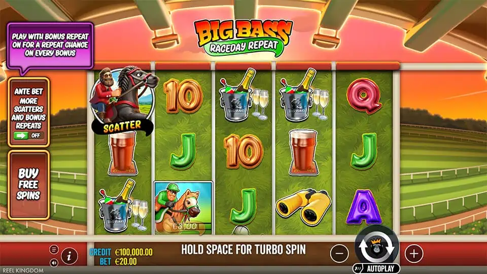 Main reels with jockeys, drinks, binoculars, and a scatter horse rider symbol.