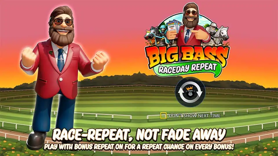 Character intro with game title, racetrack background, and bonus repeat message.