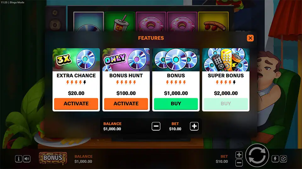Feature buy menu in Binge Mode slot with various options like Bonus Hunt, Super Bonus, and Extra Chance shown as selectable tiles with stylized icons.