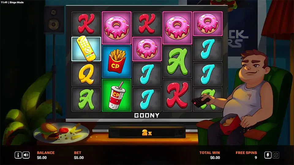 Binge Mode bonus round screen with a highlighted yellow remote on the reels, indicating reel expansion and active multiplier feature.
