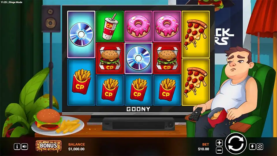 Base game screen of Binge Mode slot showing symbols like pizza, fries, sodas, and donuts on a widescreen TV with a lazy character on the side.
