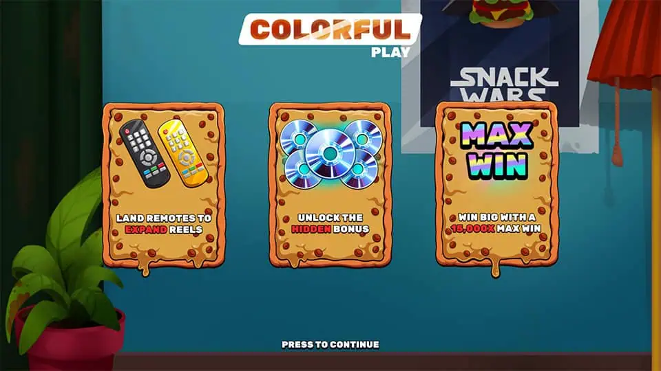 Intro screen of Binge Mode slot with features like expanding reels via remotes, hidden CD bonus, and max win of 15,000x displayed on cookie-style cards.
