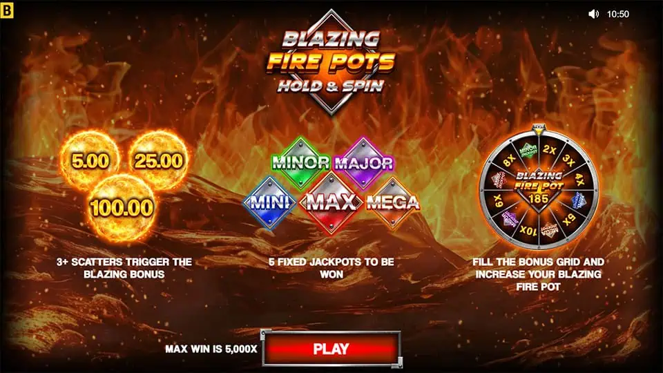 Blazing Fire Pots Hold Win slot intro screen