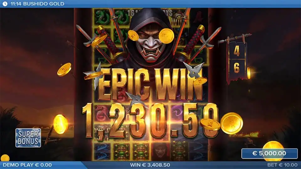 Dark reels explode in golden light as a masked ninja appears with “EPIC WIN” text and golden coins flying across the screen.