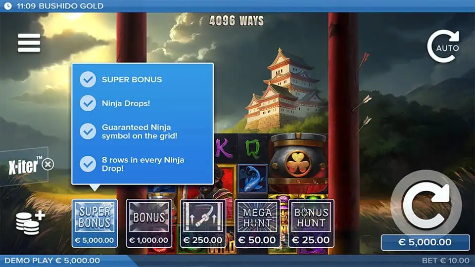 Bonus menu with selectable Super Bonus, Bonus, Mega Hunt, and other features, each tied to specific in-game mechanics.