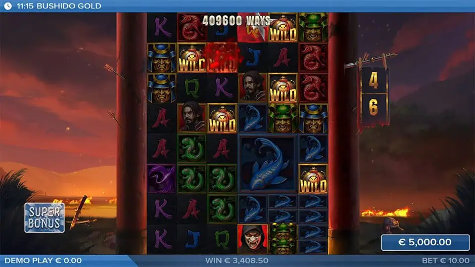 Gameplay with ninja symbols landing on the expanded reel grid, creating massive win potential and triggering wild effects.