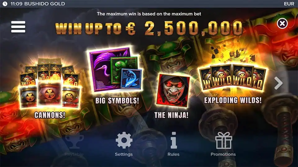 Feature highlights showing cannons, big symbols, ninja character, and exploding wilds with dramatic lighting and effects.