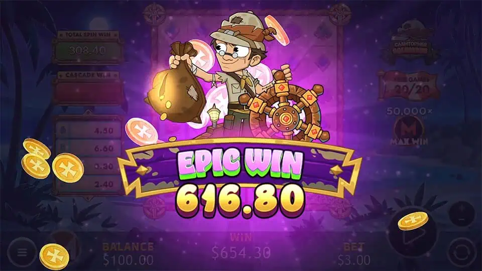 Cartoon explorer holding a gold-stuffed bag with “EPIC WIN” text glowing above, surrounded by spinning coins and a purple burst.
