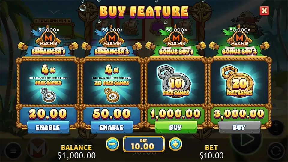 Bonus buy menu showing multiple options for free spins and enhancers, with a “Max Win 50,000x” banner above and bright buttons below.