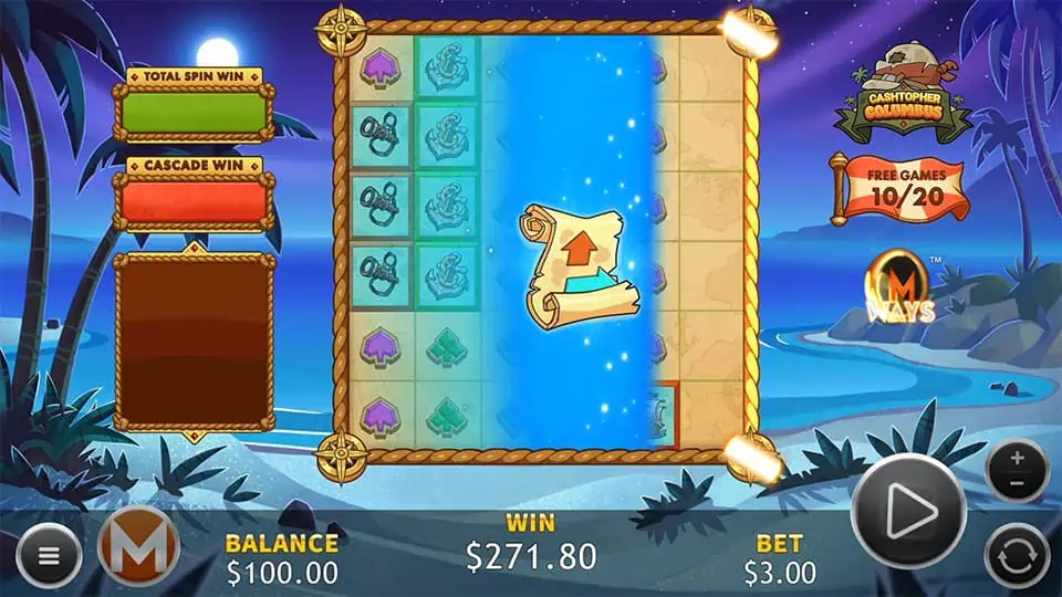 Nighttime bonus round with a scroll symbol expanding across the reels, surrounded by palm trees and the Free Games counter.