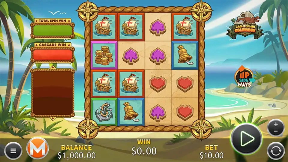 Main game interface with bright tropical visuals, featuring symbols like ships, coins, anchors, and bells on a grid framed by compass points.