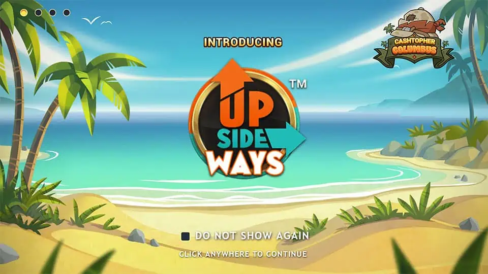 Tropical island intro with a centered Upside Ways logo and a prompt to continue, set on a clean, animated beach background.