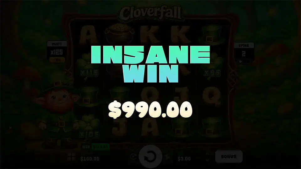Insane Win screen in Cloverfall slot with bold mint-green text and blurred background showing a large multiplier win.