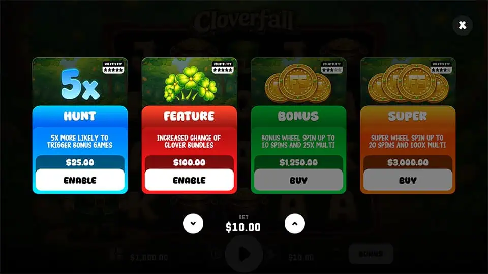 Bonus buy menu in Cloverfall slot featuring Hunt, Feature, Bonus, and Super options with varying volatility levels.