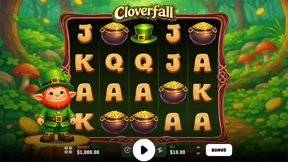 Base gameplay screen of Cloverfall slot showing reels with leprechaun hats, gold pots, and card symbols in a lush forest.