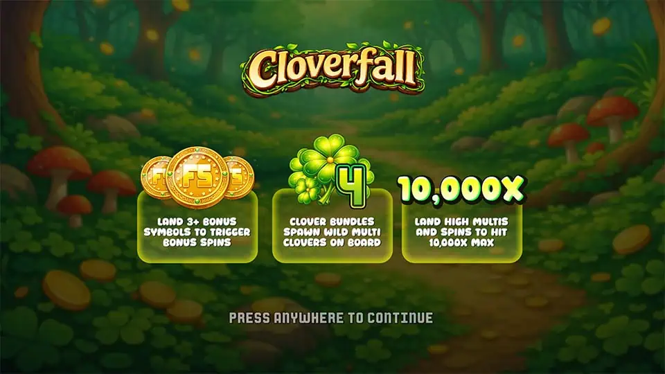 Intro panel for Cloverfall slot detailing Bonus Spins, Clover Bundle wilds, and a max win potential of 10,000x.