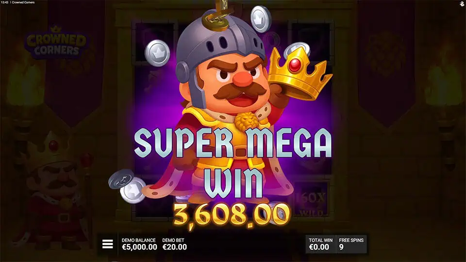 Cartoon king holding a crown as “SUPER MEGA WIN” text glows in front of a purple burst with coins flying around.