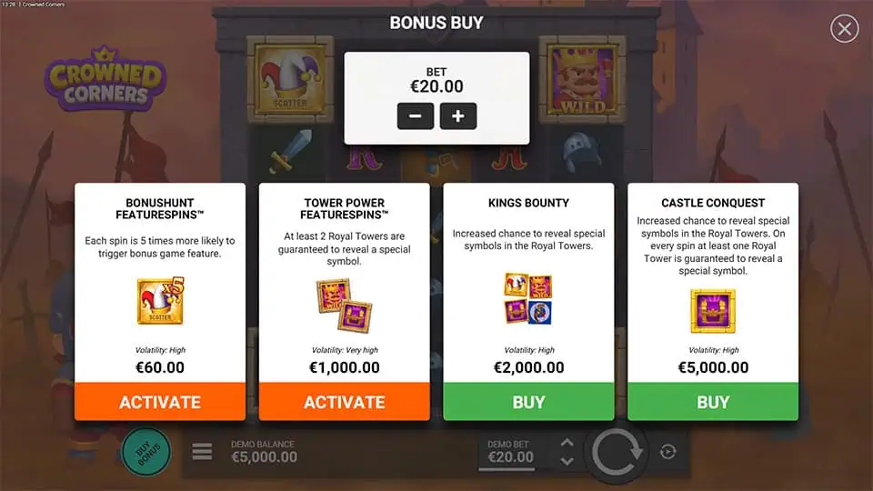 Bonus Buy menu displaying Bonus Hunt Free Spins, Tower Power, Kings Bounty and Castle Conquest with activate and buy buttons.