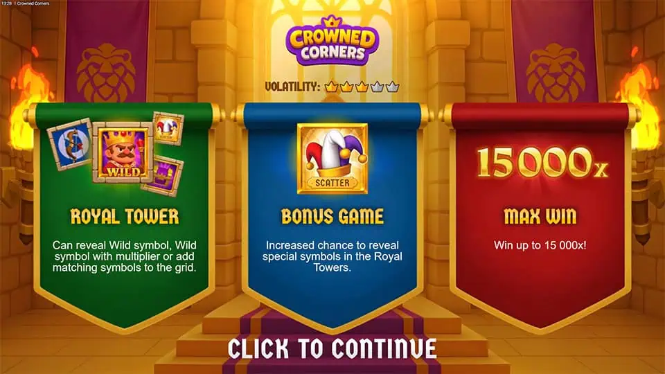 Feature banners showcasing Royal Tower Wilds, Bonus Game Scatter and Max Win up to 15,000x inside a golden throne room.