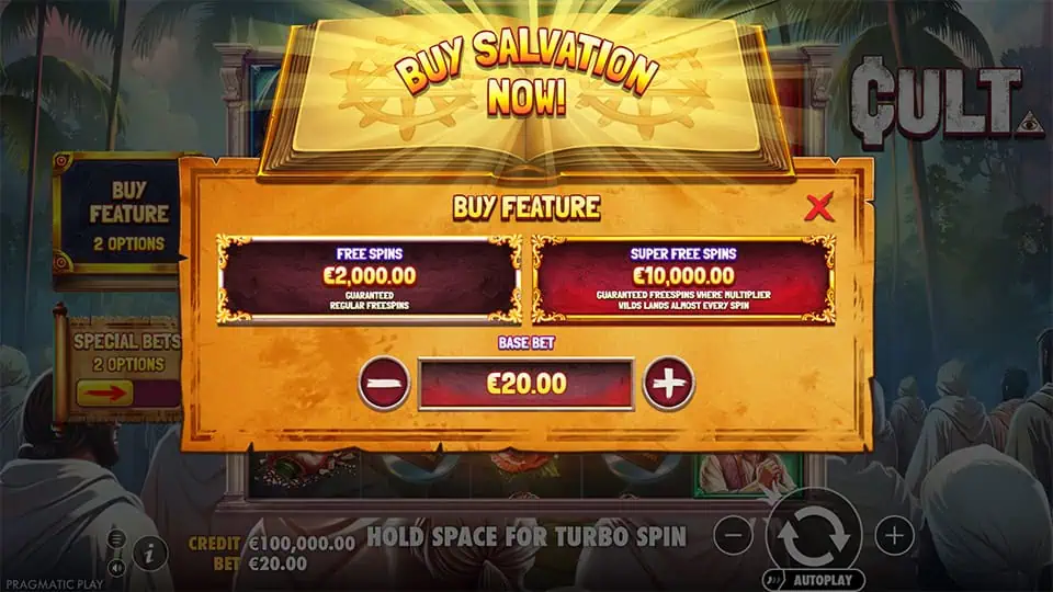 Bonus buy menu offering Free Spins or Super Free Spins with base bet adjustment.