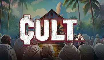 Game logo showing “CULT” in bold white letters over a tropical compound with robed followers.