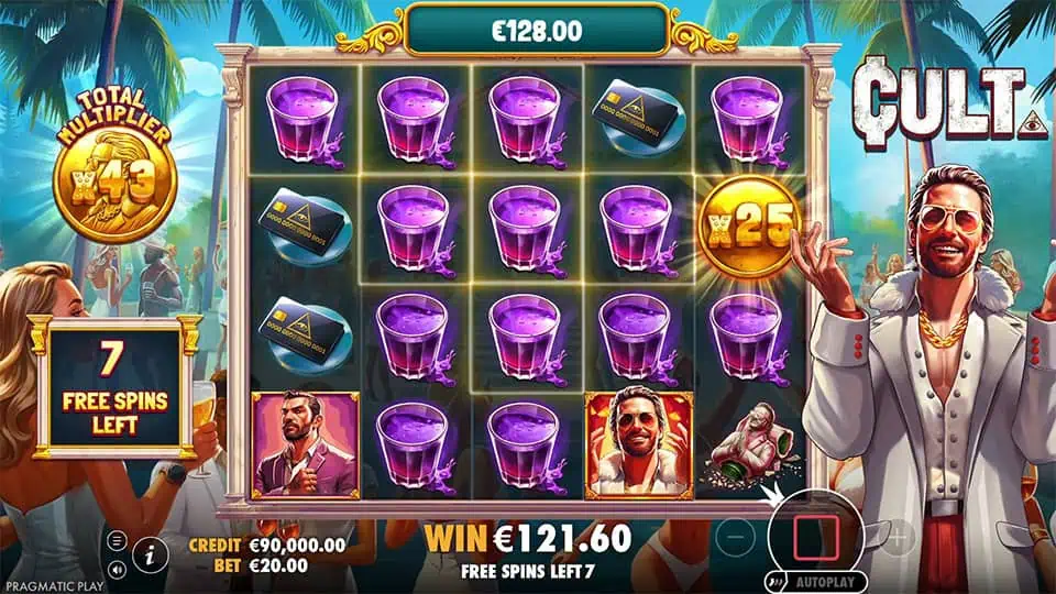Free spins round with 43x multiplier and a mix of drink symbols, pills, and multiplier coin.